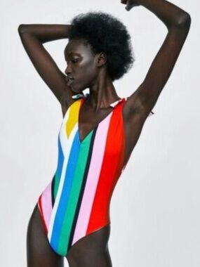 Zara Multicolor Stripe One-Piece Swimsuit - Red, Pink, Yellow, Blue, Green